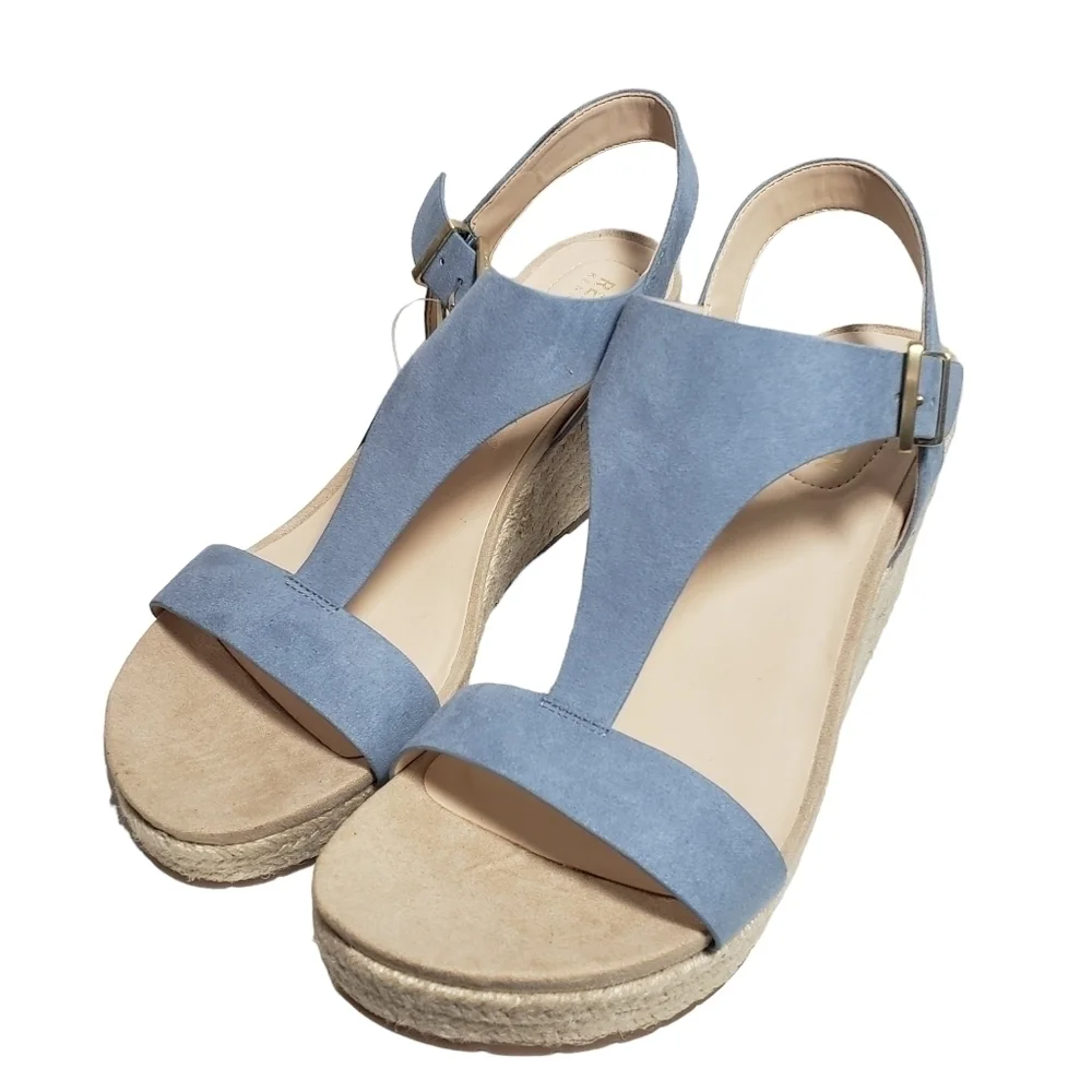 Reaction Kenneth Cole Card Sailboat Blue T-Strap Espadrille Wedge Sandal Sz 9M